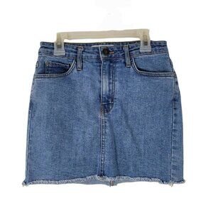 O2 Denim Mini Skirt Women's Size XS Med Wash Cutoff Hem 5 Pocket EUC Casual